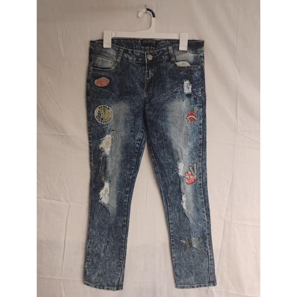 Premiere Rue 21 Blue Curvy Low Rise Skinny Jeans 15/16 Embroidered Stonewash